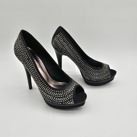 Le Chateau Women's Black Peep-Toe High Heels with rhinestones, Size 5.5, - Picture 9 of 10